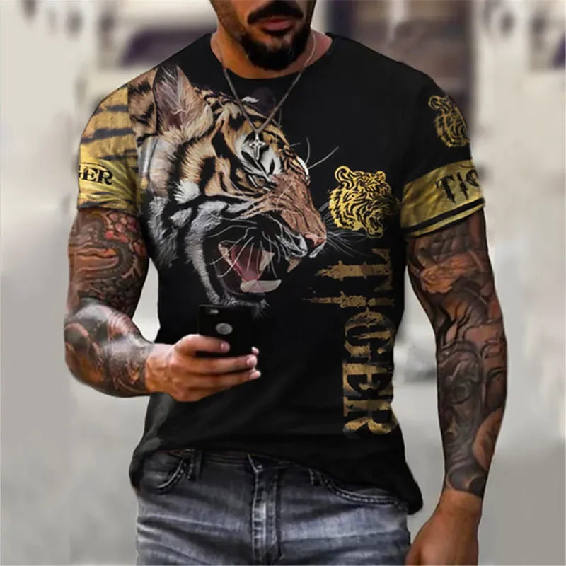 Vasaros vyriški Marškinėliai Trumpas Vintage Marškinėliai Gyvūnų Grafinis Viršuje Harajuku Negabaritinių Drabužių Tigras / Liūtas / Meška Spausdinti Tee Drabužiai